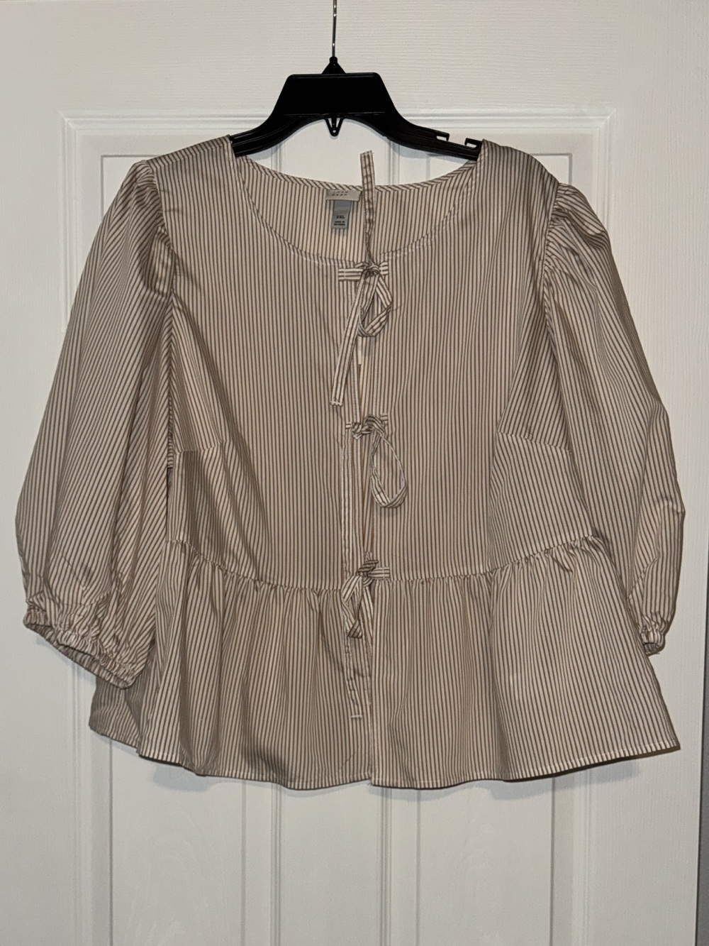 a new day - Cream and Brown Striped Tie-Front Peplum Blouse